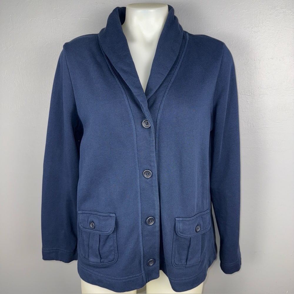 Lands' End Sweater Blazer Women’s Petite Medium Navy Blue Collared Button Up